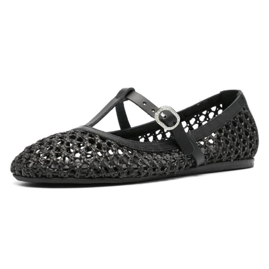 Black Raffia Woven Cut-Out T-Strap Rhinestone Buckled Ballet Flats