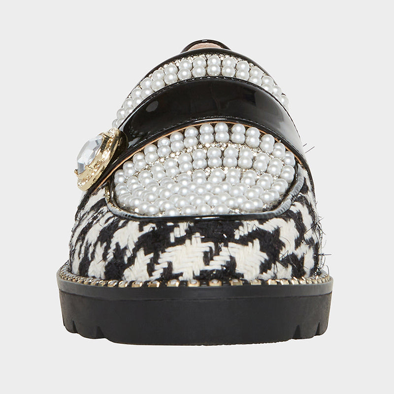Elegant Houndstooth Flats Round Toe Pearl Rhinestone Women's Loafers