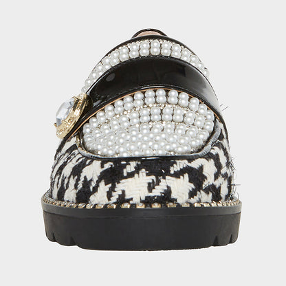 Elegant Houndstooth Flats Round Toe Pearl Rhinestone Women's Loafers
