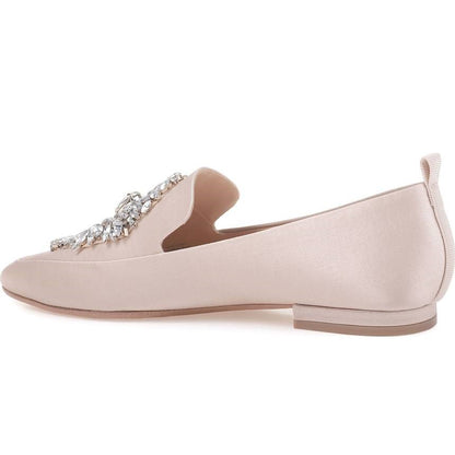 Pink Satin Flats Round Toe Rhinestone Loafers for Women