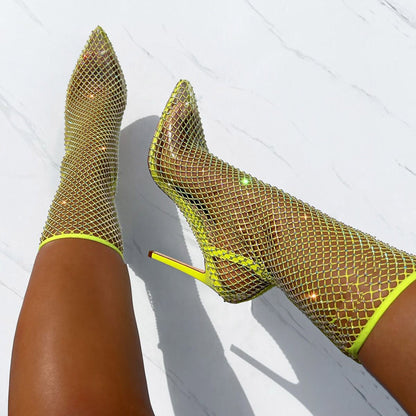 Yellow Rhinestone Mesh Pointed Toe Stiletto Heel Summer Boots
