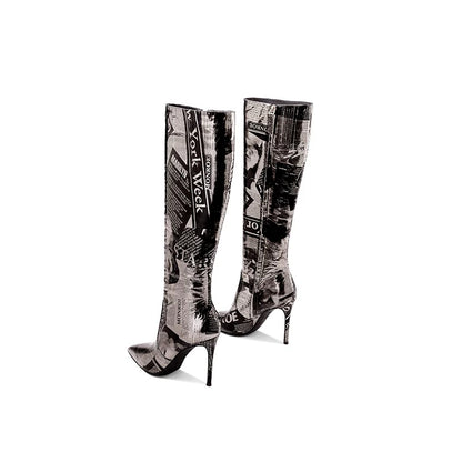 Grey Newspapers Print Pointed Toe Stiletto Heel Knee High Boots