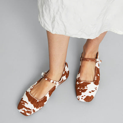 Brown & White Vegan Leather Square Toe Buckled Strappy Ballet Flats