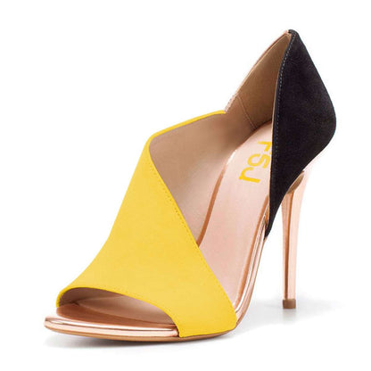Yellow and Black Open Toe Cut Out Stiletto Heels Pumps