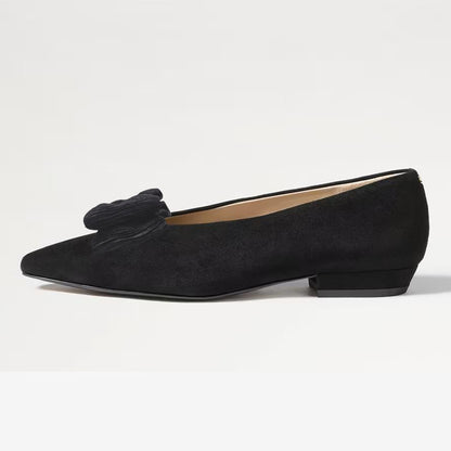 Black Pointed Toe Suede Flats With Bow Decor Chunky Low Heel