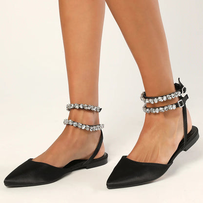 Black Satin Pointed Toe Rhinestone Decor Ankle Strap Flats