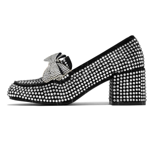 Black Square Toe Rhinestone Loafers Bow Decorated Block Heel Pumps