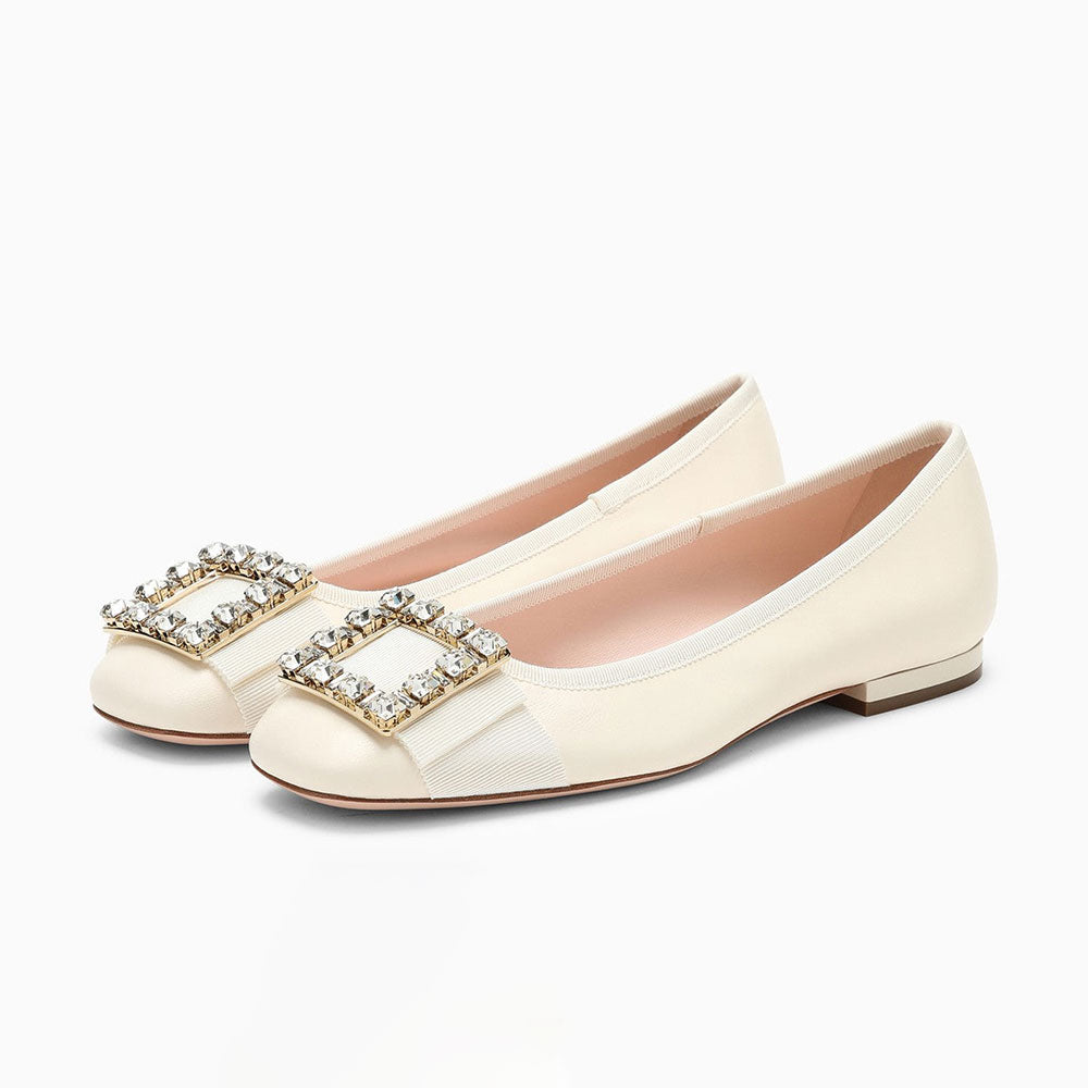Square Toe Rhinestone Buckle Decor Women's Dress Flats in White