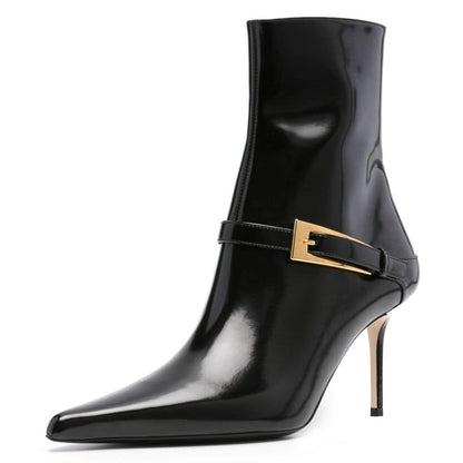 Black Pointed Toe Buckle Strap Decor Stiletto Heeled Ankle Boots