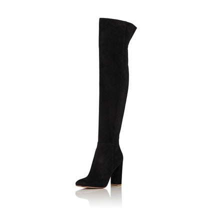 Women's Vegan Suede Closed Toe Over The Knee Boots with Block Heels