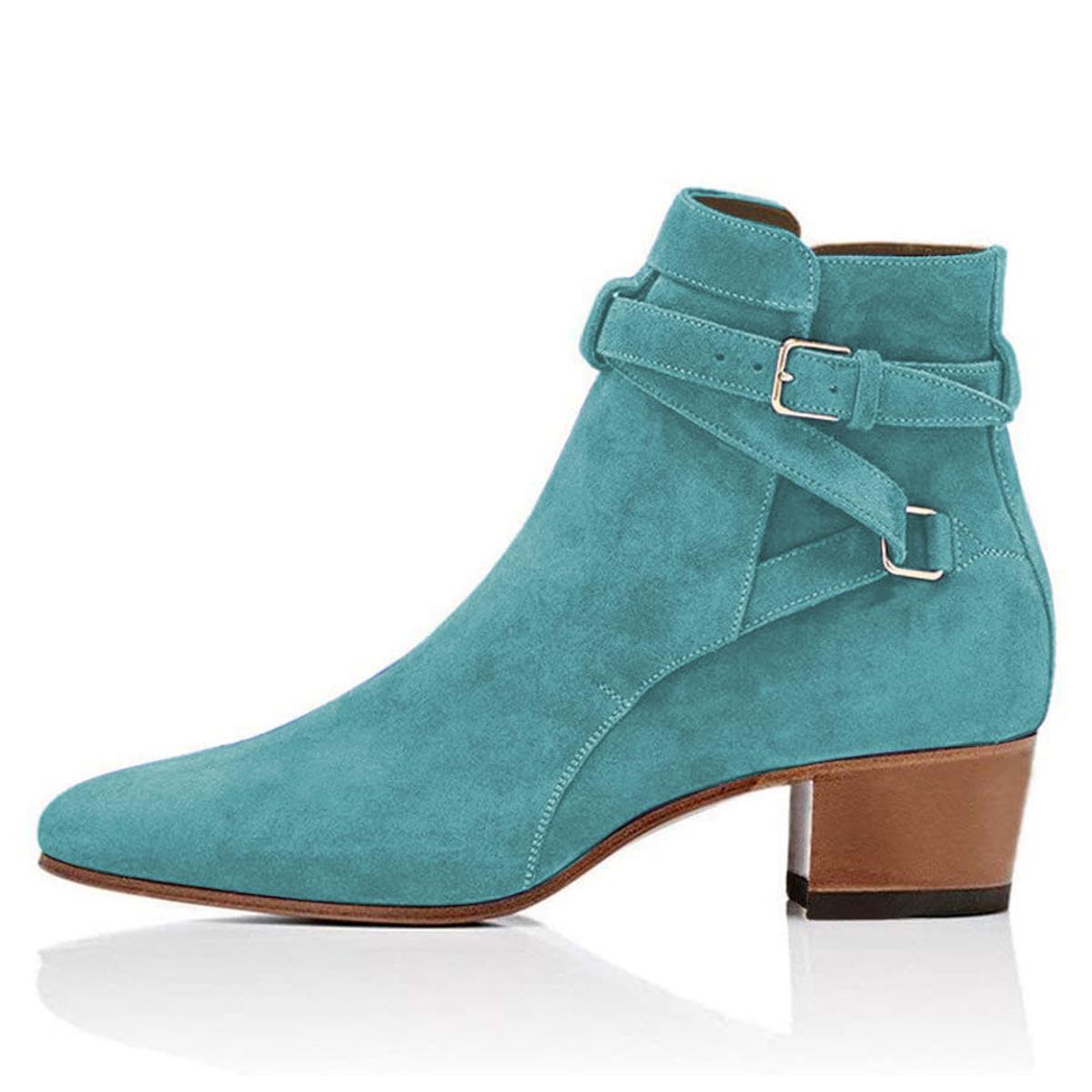 Women's Vegan Suede Closed-Toe Buckle Strap Chunky Heel Ankle Boots