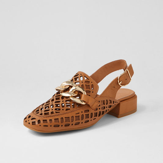 Tan Square Toe Cutout Slingback Heeled Loafers with Metal Chain