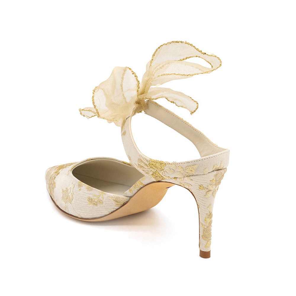 Beige Mesh Bow Heels Pointed Toe Gold Flower Pattern Mules for Women