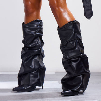 Women's Black Pointed Toe Wrinkled Fold-Over Boots with Stiletto Heel