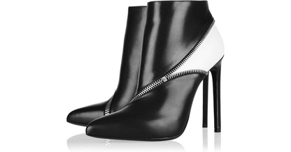 Black and White Zip Style Stiletto Heel Ankle Boots