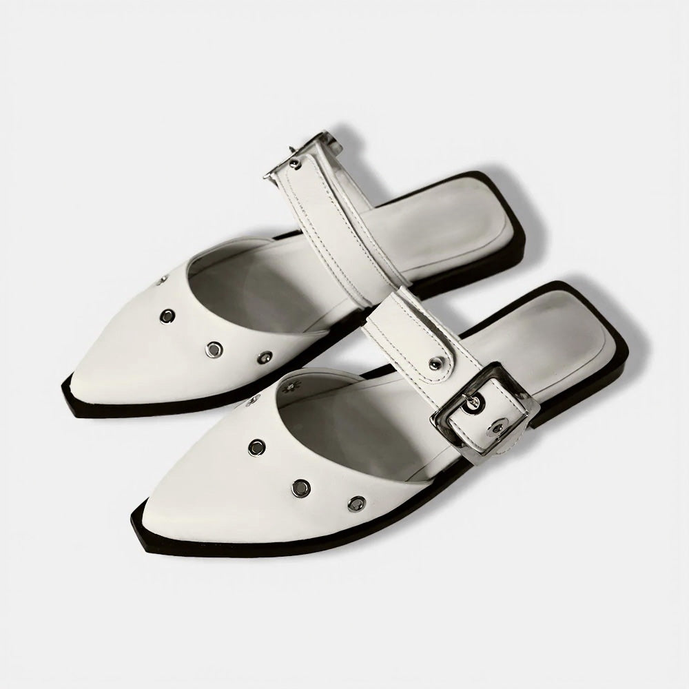 White Pointed Toe Buckle Strap Casual Mules Shoes with Grommets