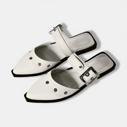 White Pointed Toe Buckle Strap Casual Mules Shoes with Grommets