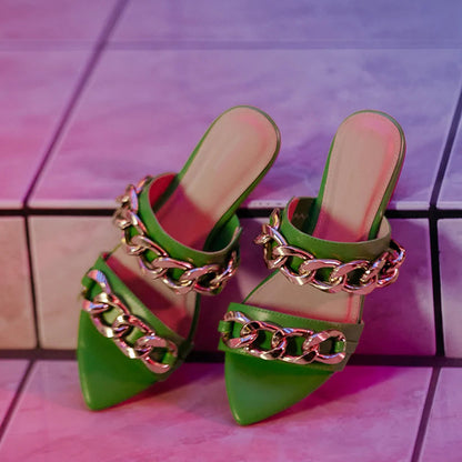 Women's Green Pointed Toe Metal Chain Decor Flat Mules
