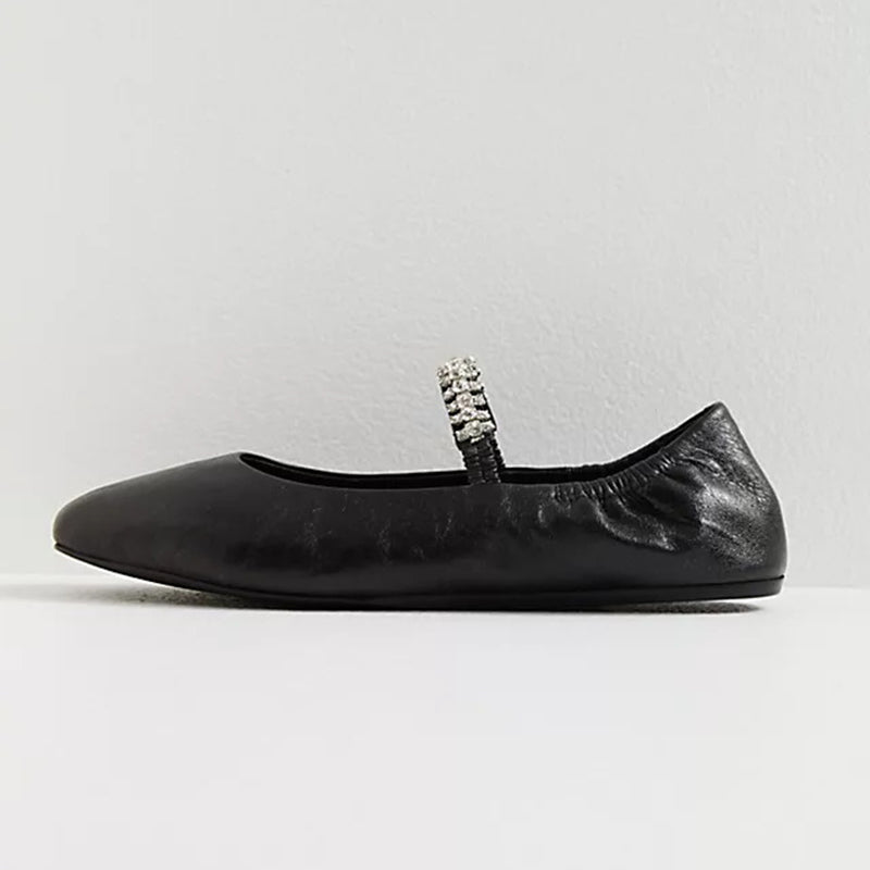 Black Square Toe Elastic Ruched Rhinestone Ballet Flats with A Strap