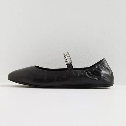 Black Square Toe Elastic Ruched Rhinestone Ballet Flats with A Strap