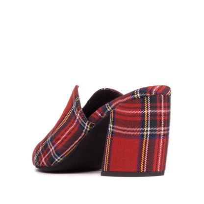Women's Red Plaid Pointed Toe Block Heel Mules Shoes