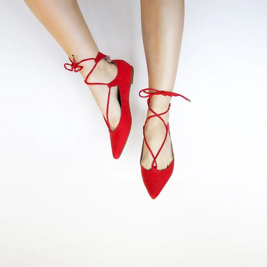 Women's Red Vegan Suede Pointed Toe Strappy Comfortable Flats