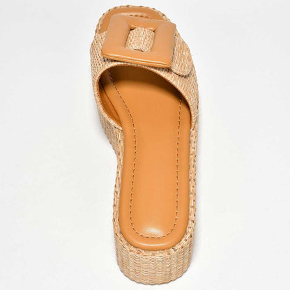 Nude Woven Platform Sandals Oversized Buckle Flat Slides Shoes