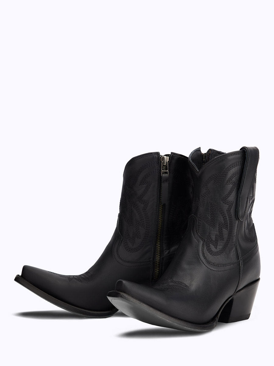 Black Snip Toe Embroidered Cowgirl Ankle Boots with Block Heel