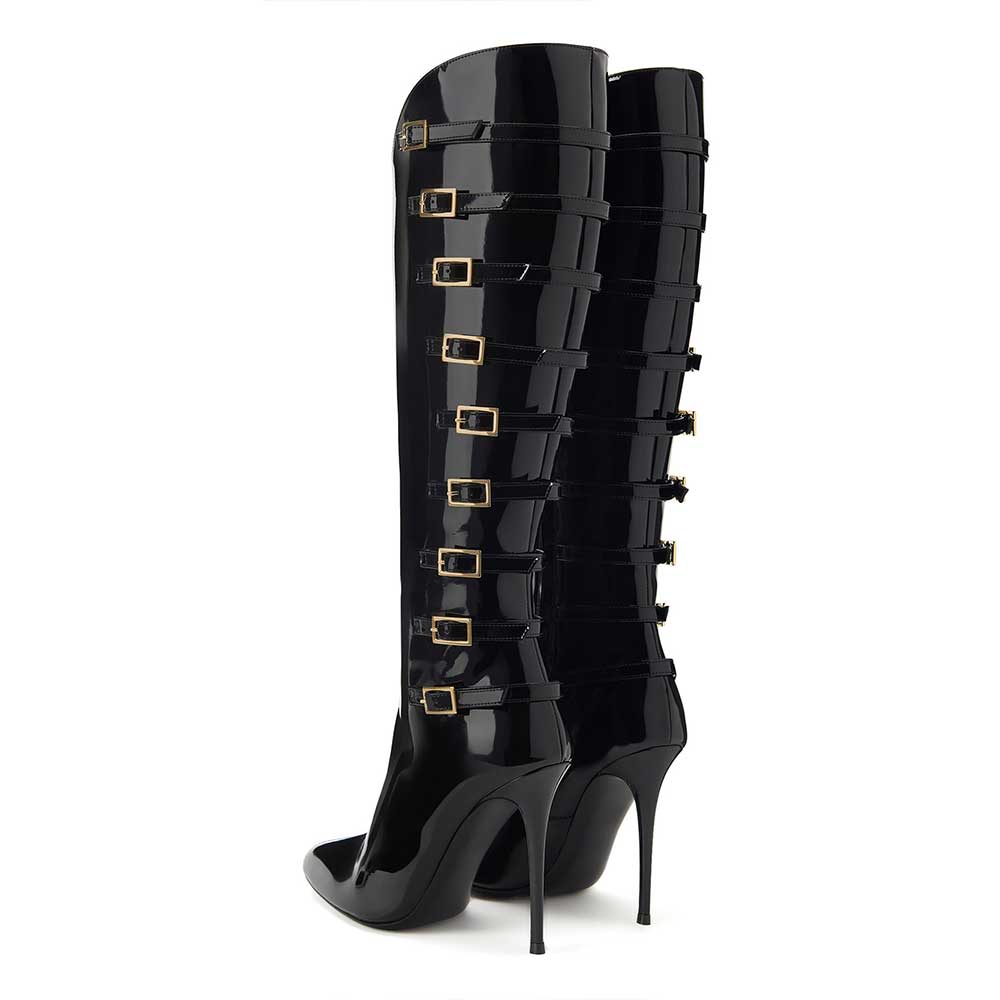 Black Patent Leather Buckle Strappy Stiletto Heel Knee High Boots