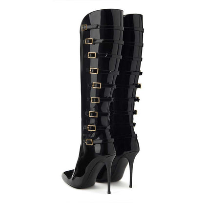 Black Patent Leather Buckle Strappy Stiletto Heel Knee High Boots