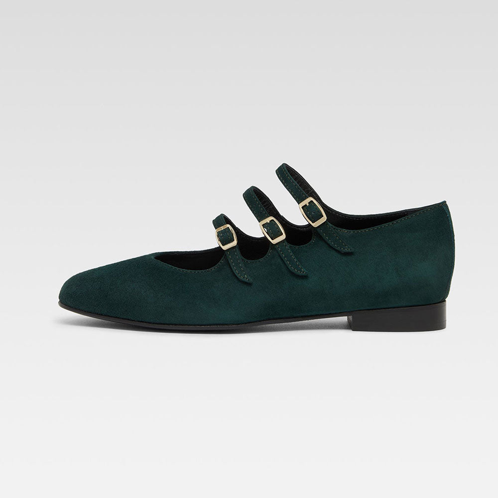 Dark Green Vegan Suede Square Toe Mary Jane Flats with Buckles