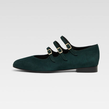 Dark Green Vegan Suede Square Toe Mary Jane Flats with Buckles