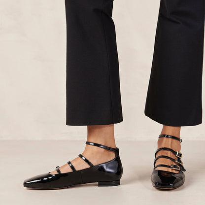 Black Patent Leather Buckled Square Toe Mary Jane Flats