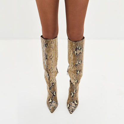 Snakeskin Embossed Stiletto Heel Pointed Toe Knee High Boots