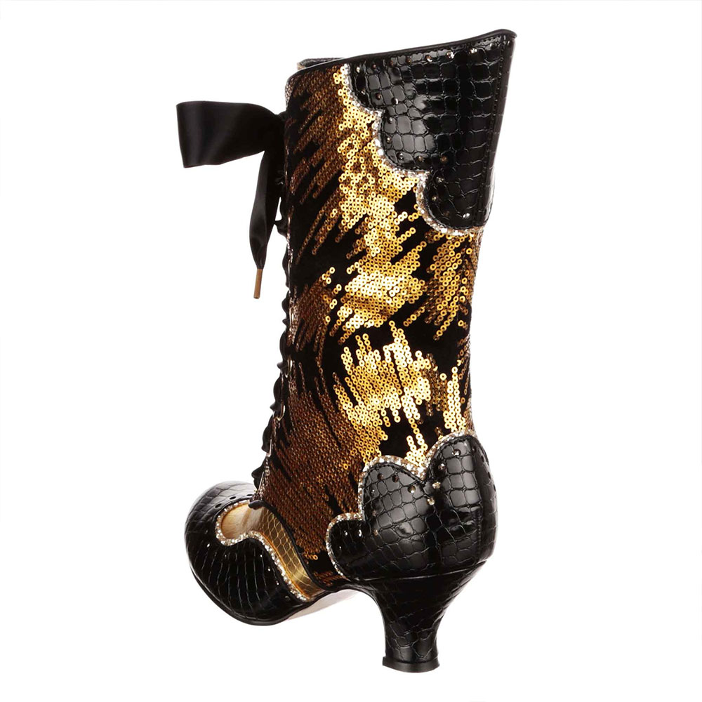 Black and Gold Sequin Round Toe Embossed Lace-Up Mid Calf Boots