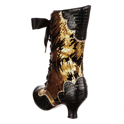 Black and Gold Sequin Round Toe Embossed Lace-Up Mid Calf Boots