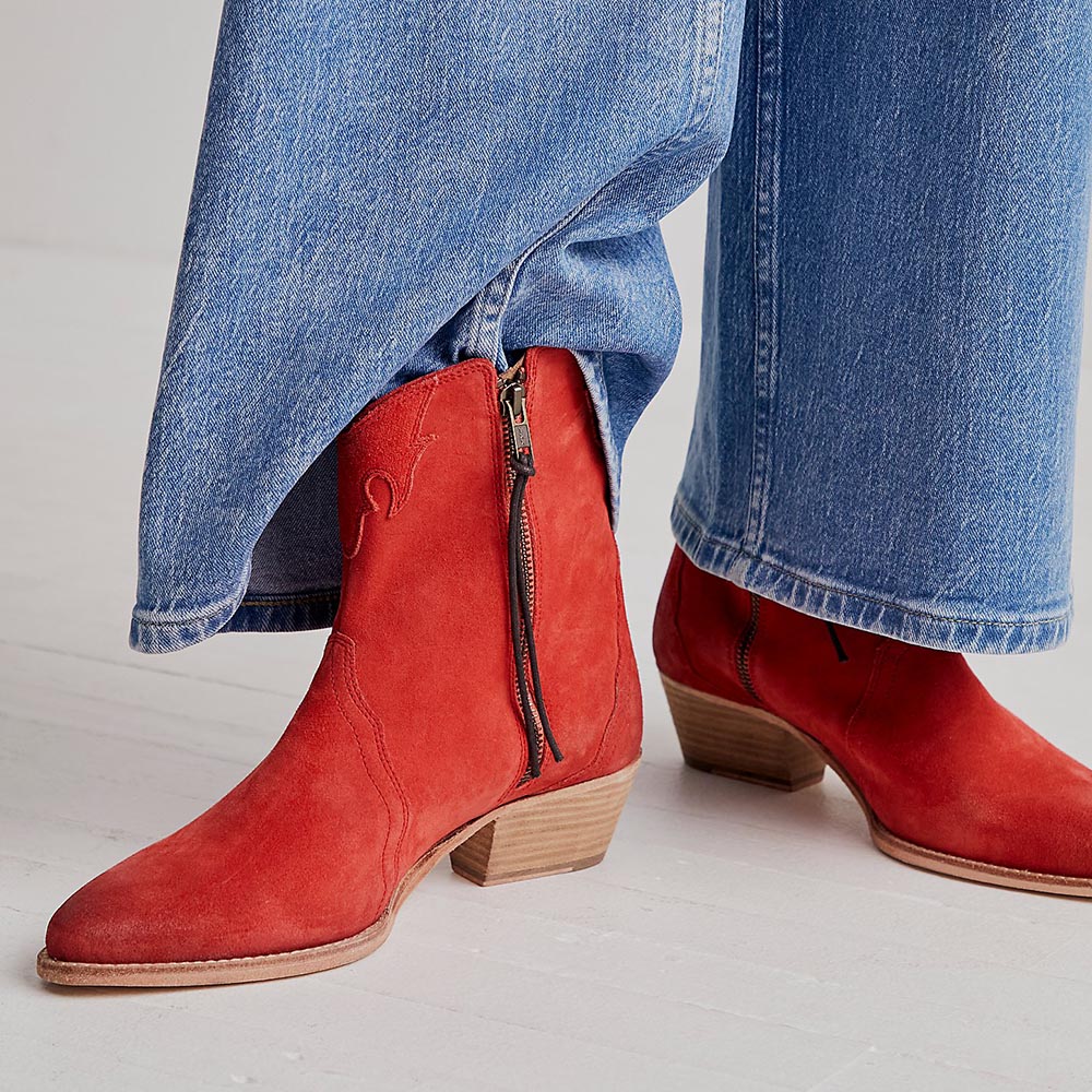 Red Vegan Suede Zipper Booties Stacked Heel Western Boots for Women