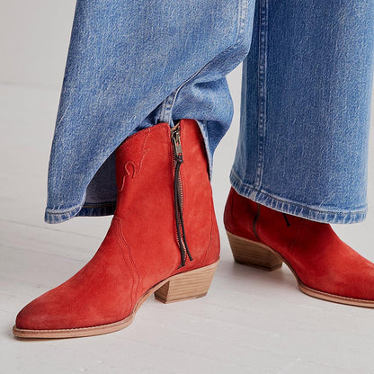 Red Vegan Suede Zipper Booties Stacked Heel Western Boots for Women
