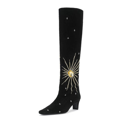 Black Beaded Square Toe Gem Decor Chunky Heel Knee High Boots