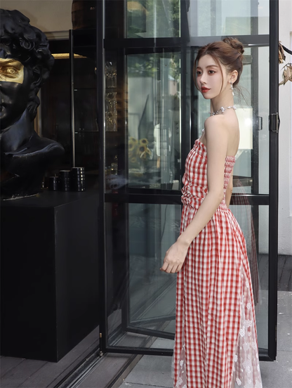 New Fashion Red Plaid Lace Patchwork Design Beach Holiday A-line Sleeveless Strapless Dress TP3378
