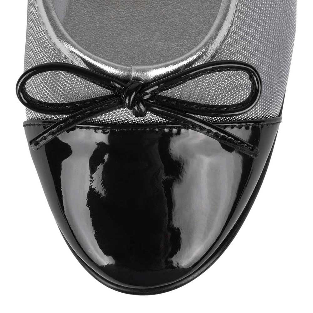 Black & Silver Mesh Round Toe Ballet Flats with Bow