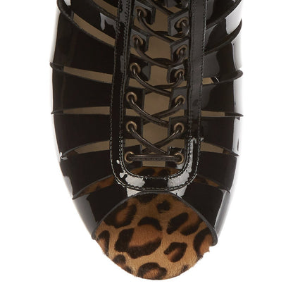 Black Patent Leather Tie Up Ankle Boots Stiletto Heel Peep Toe Booties