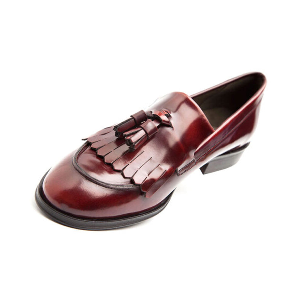 Maroon Vegan Leather Rounded Toe Block Heel Fringe Loafers