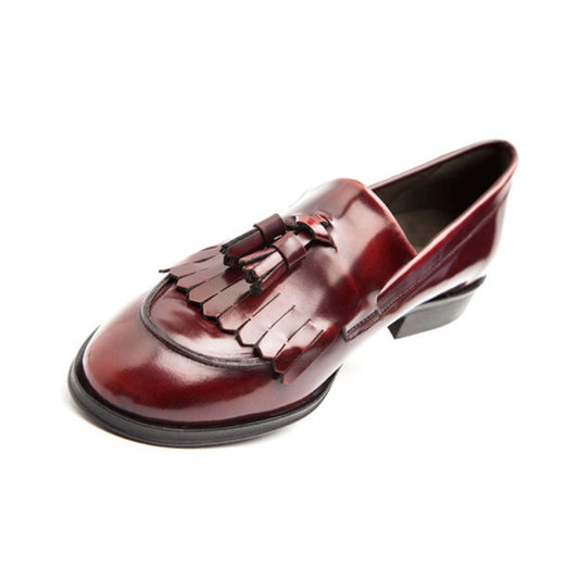 Maroon Vegan Leather Rounded Toe Block Heel Fringe Loafers