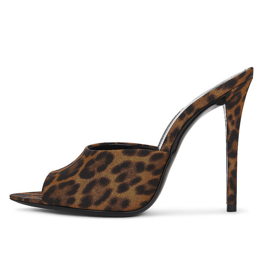 Black & Brown Leopard Print Pointy Toe Stiletto Heel Mules Sandals