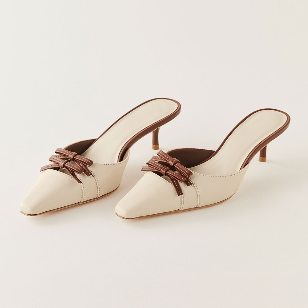 Beige Snip Toe Kitten Heel Double Bows Accent Womens Mules Shoes