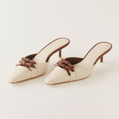 Beige Snip Toe Kitten Heel Double Bows Accent Womens Mules Shoes