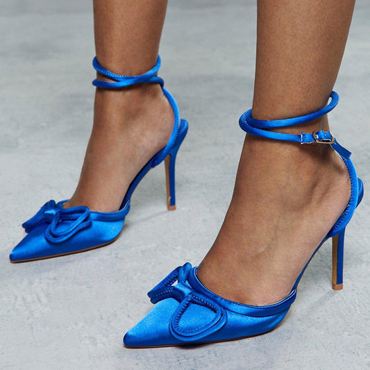 Blue Satin Pointed Toe Bow Embellished Ankle Strap Pumps Heels