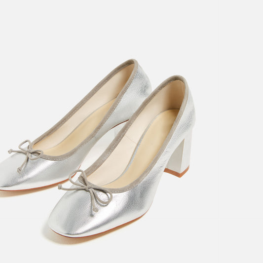 Women's Square Toe Chunky Heel Bow Detail Basic Silver Pumps