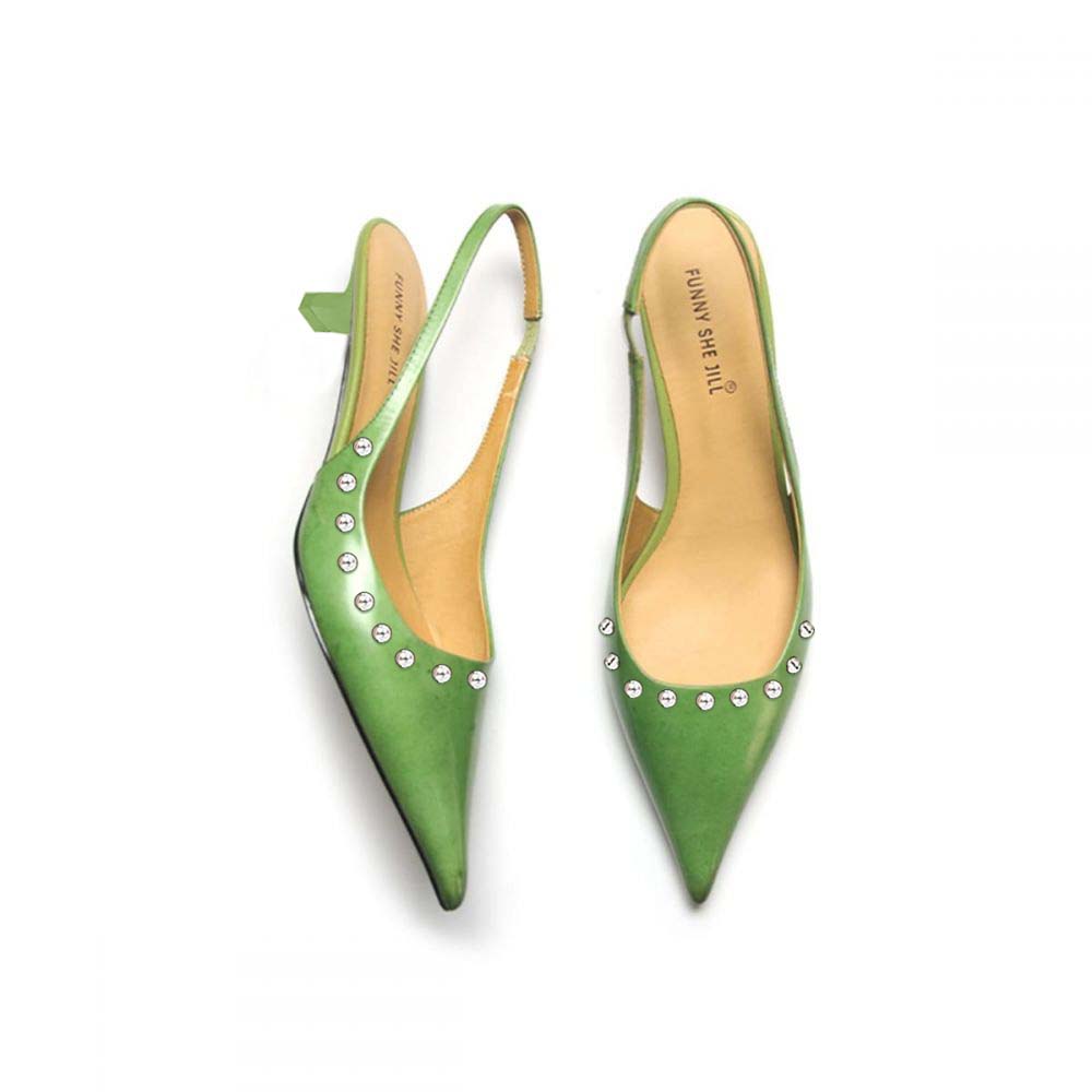 Women's Pointed-Toe Studded Kitten Heel Slingback Pumps for Office